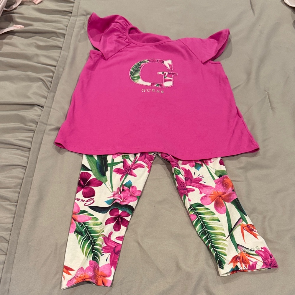 Guess Kids Fuchsia Top with Floral Leggings Pajama Set